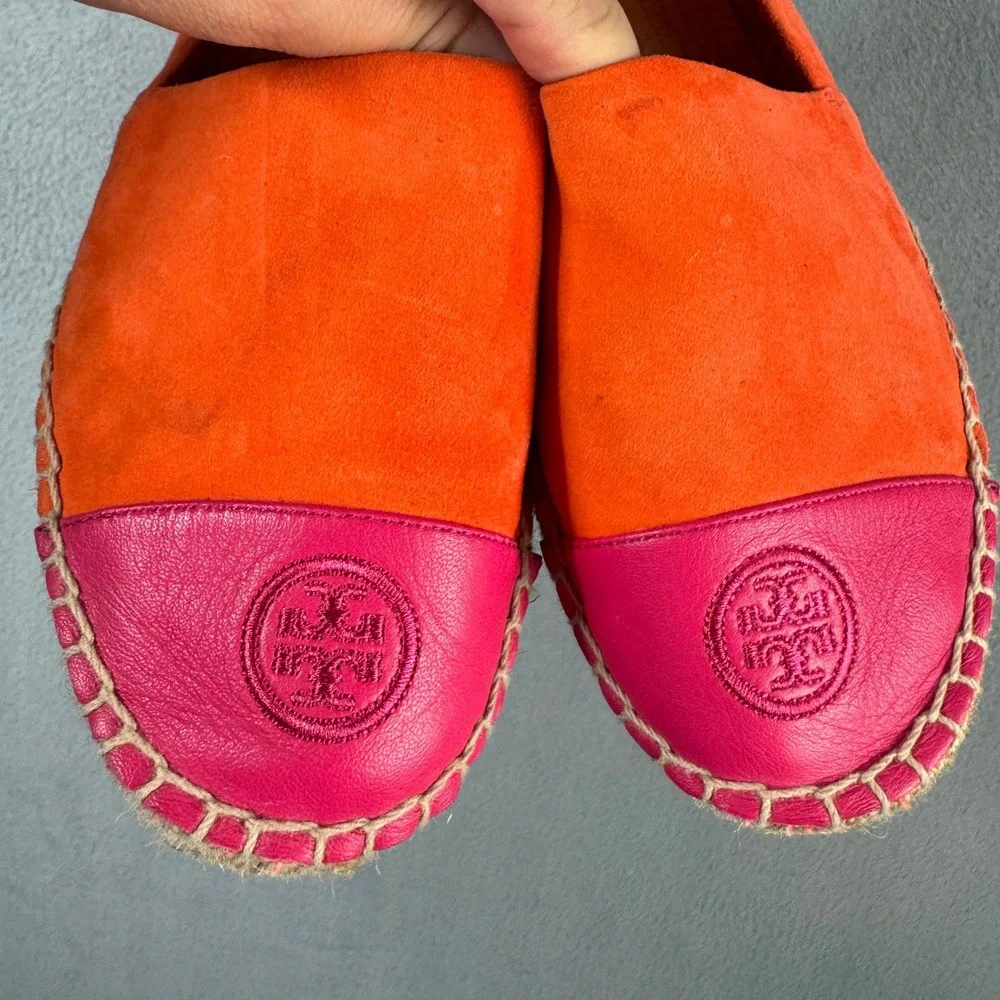 Tory Burch Colorblock Suede Leather Espadrilles Orange Pink Size 8.5 Flat Shoes